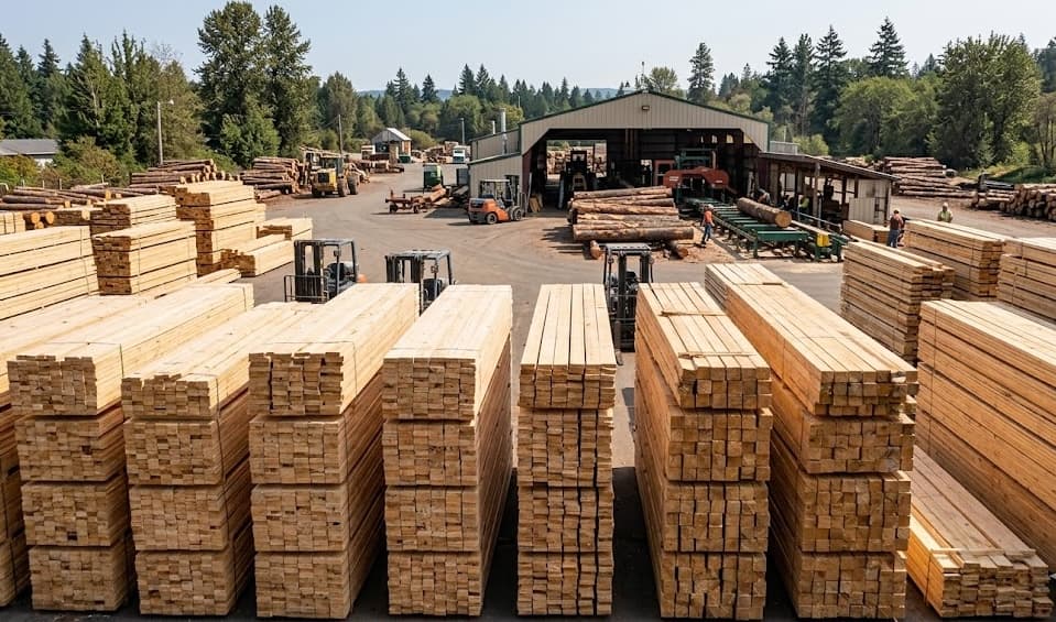Boston Lumber yard — stacks of reclaimed lumber